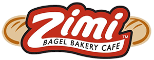 A red and white logo for zimm 's bagel bakery.